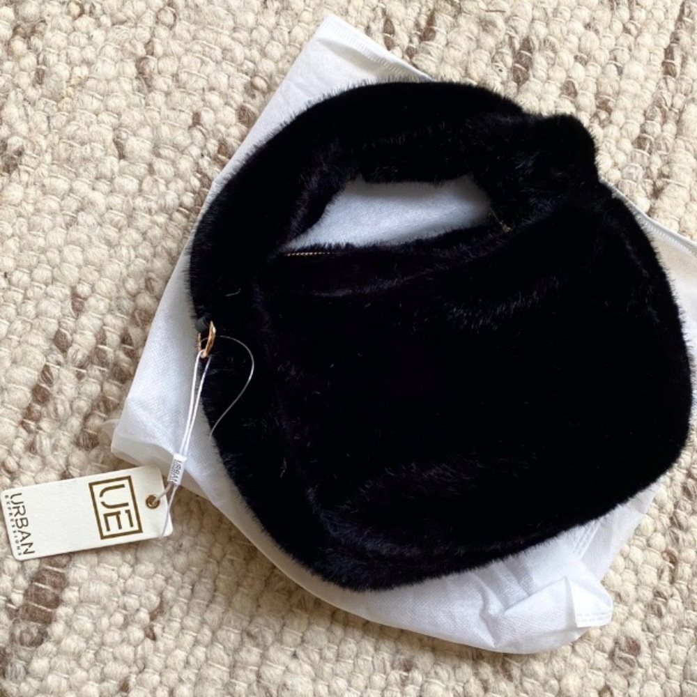 NWT Anthropologie Faux Fur Mini Hobo Bag in Black, Gold Hardware - Picture 5 of 10
